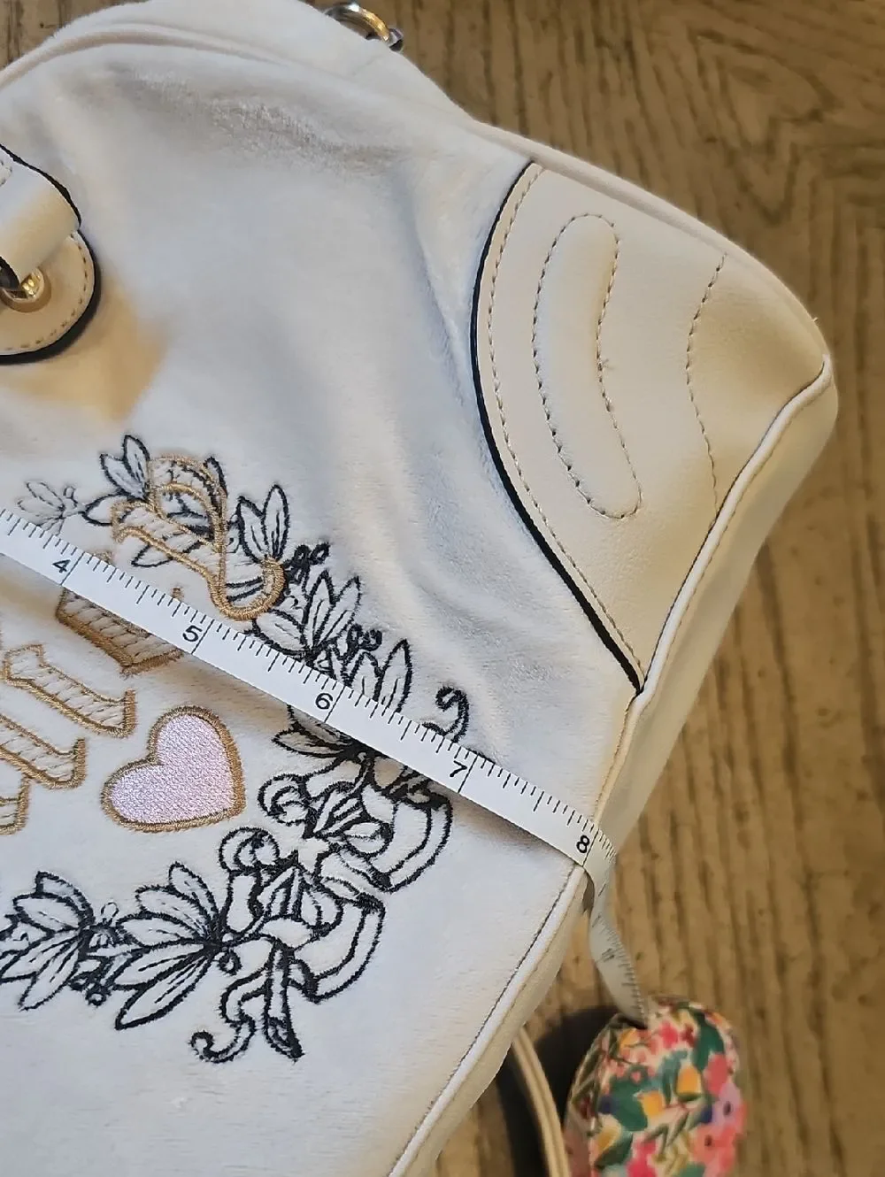 Juicy Couture Cream Embroidered Satchel Crossbody with Gold Accents